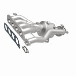 MagnaFlow 22-258 oem grade manifold converter, front three-quarter view of the turntable spin
