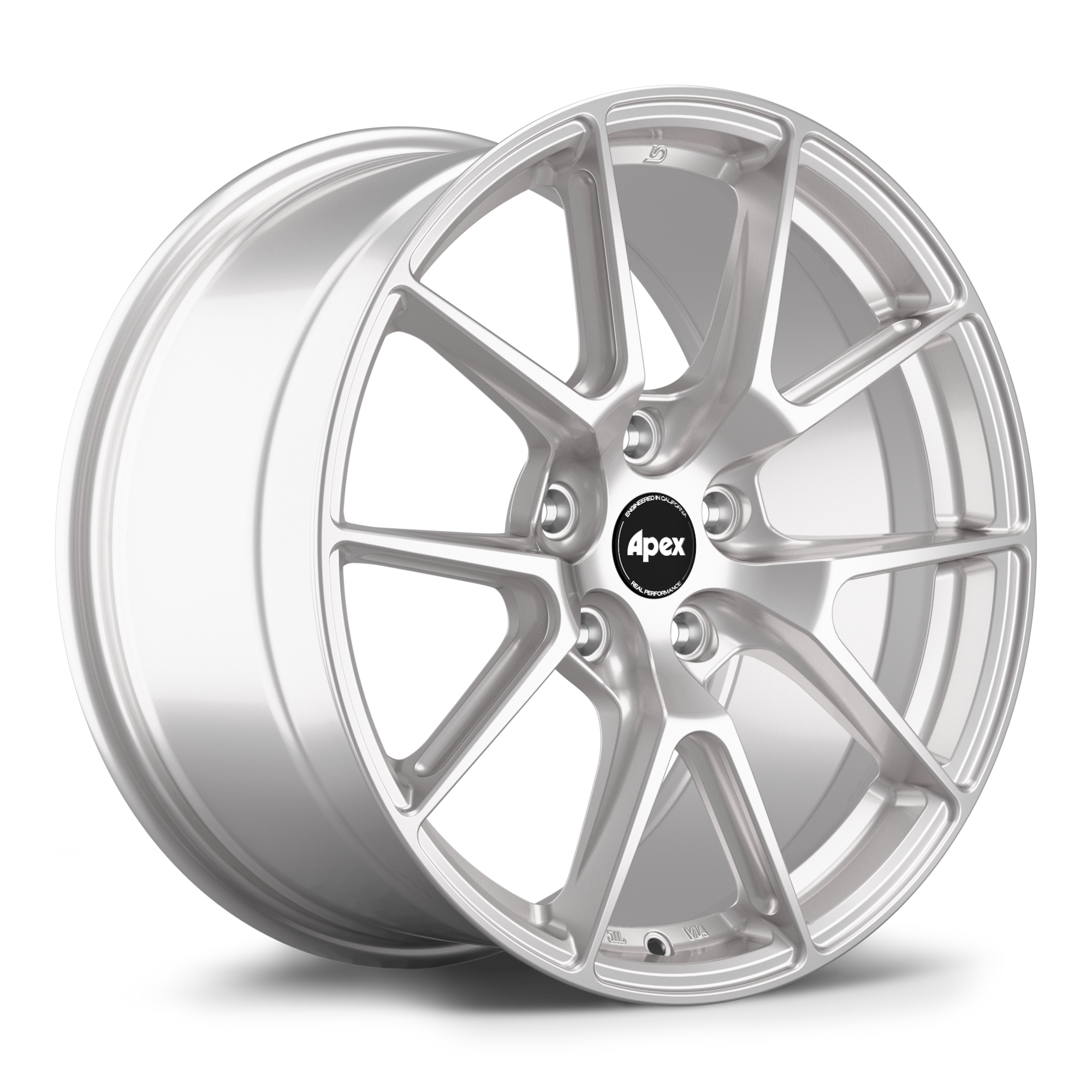 Silver alloy wheel with 10-spoke design and black center cap on white background - APEX Wheels wheel for 18x8.5 ET40 5x120 - Race Silver