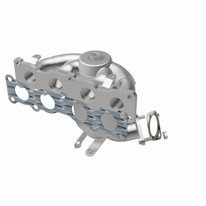 MagnaFlow 52777 oem grade manifold converter, opposite front three-quarter view of the turntable spin
