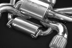 Close-up of Capristo McLaren 720S valved exhaust with valved muffler and flex sections