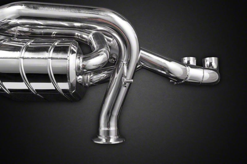 Close-up of polished pipe junction on Capristo Audi R8 V8 X-pipe exhaust