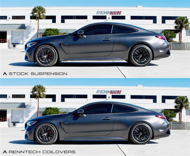 CLE 53 car comparison: stock suspension above, RennTech coil-overs below - Coilover Suspension for the 2024-2026 CLE 53 AMG Coupe