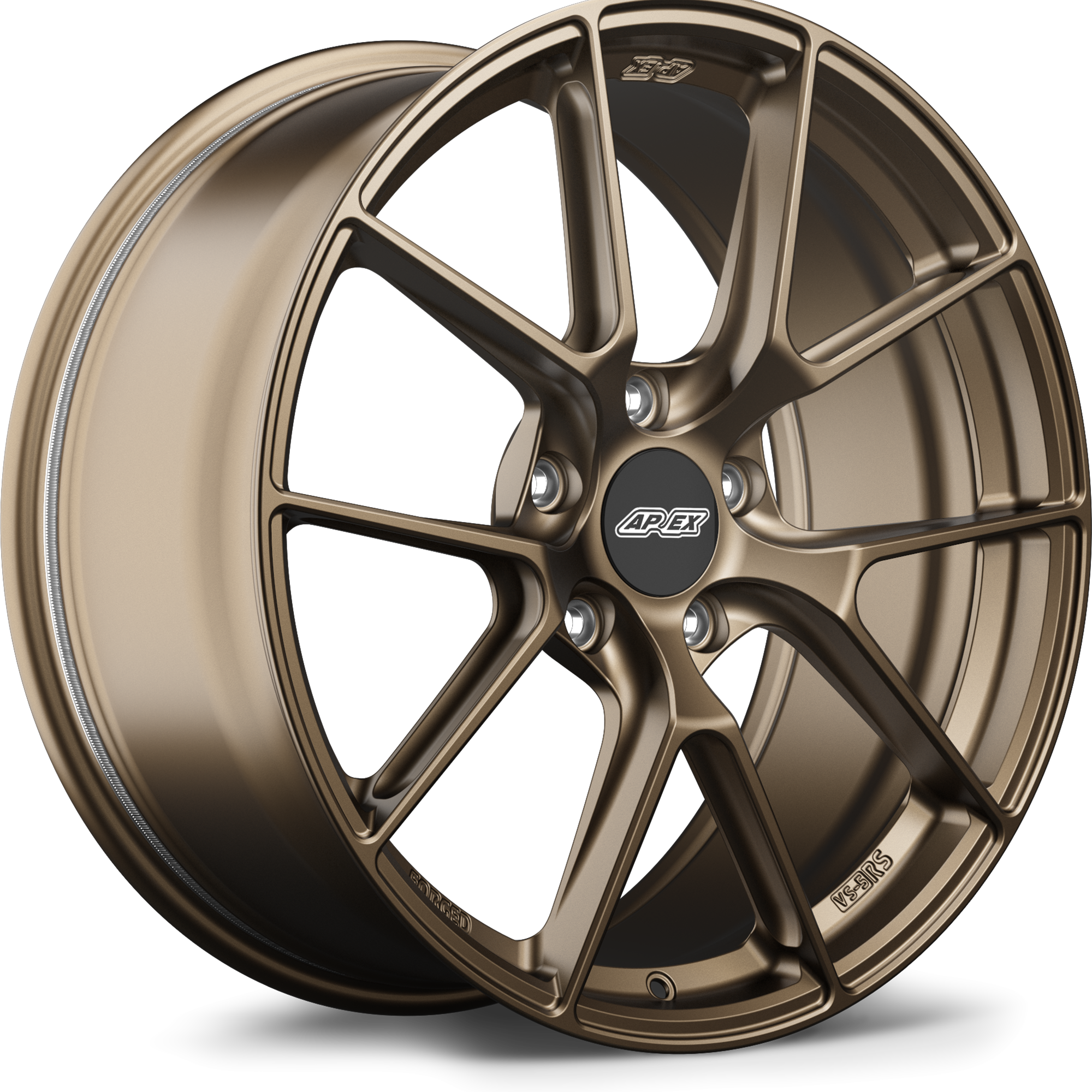 Bronze finished alloy wheel with five-spoke design, black center cap, and five-bolt mounting pattern on white background - APEX Wheels wheel for 20x9 ET41 5x130 - Satin Bronze