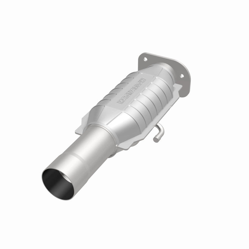 MagnaFlow 3322441 carb direct-fit catalytic converter, opposite front three-quarter view of the turntable spin
