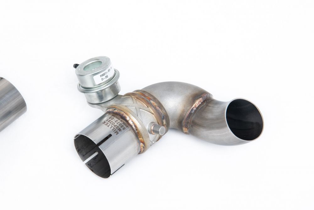 Close-up detail of Milltek Sport exhaust hardware for 2011-2015 Porsche 911 991.1 3.8