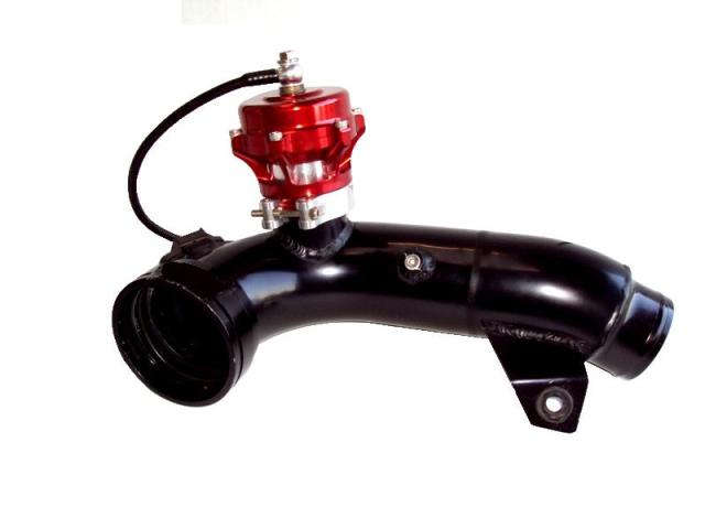 A front view of Diverter Valve Charge Pipe with Red TIAL Q Blow Off Valve (Type III Hard Anodize Black) 2006-08 Version