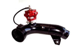 A front view of Diverter Valve Charge Pipe with Red TIAL Q Blow Off Valve (Type III Hard Anodize Black) 2006-08 Version