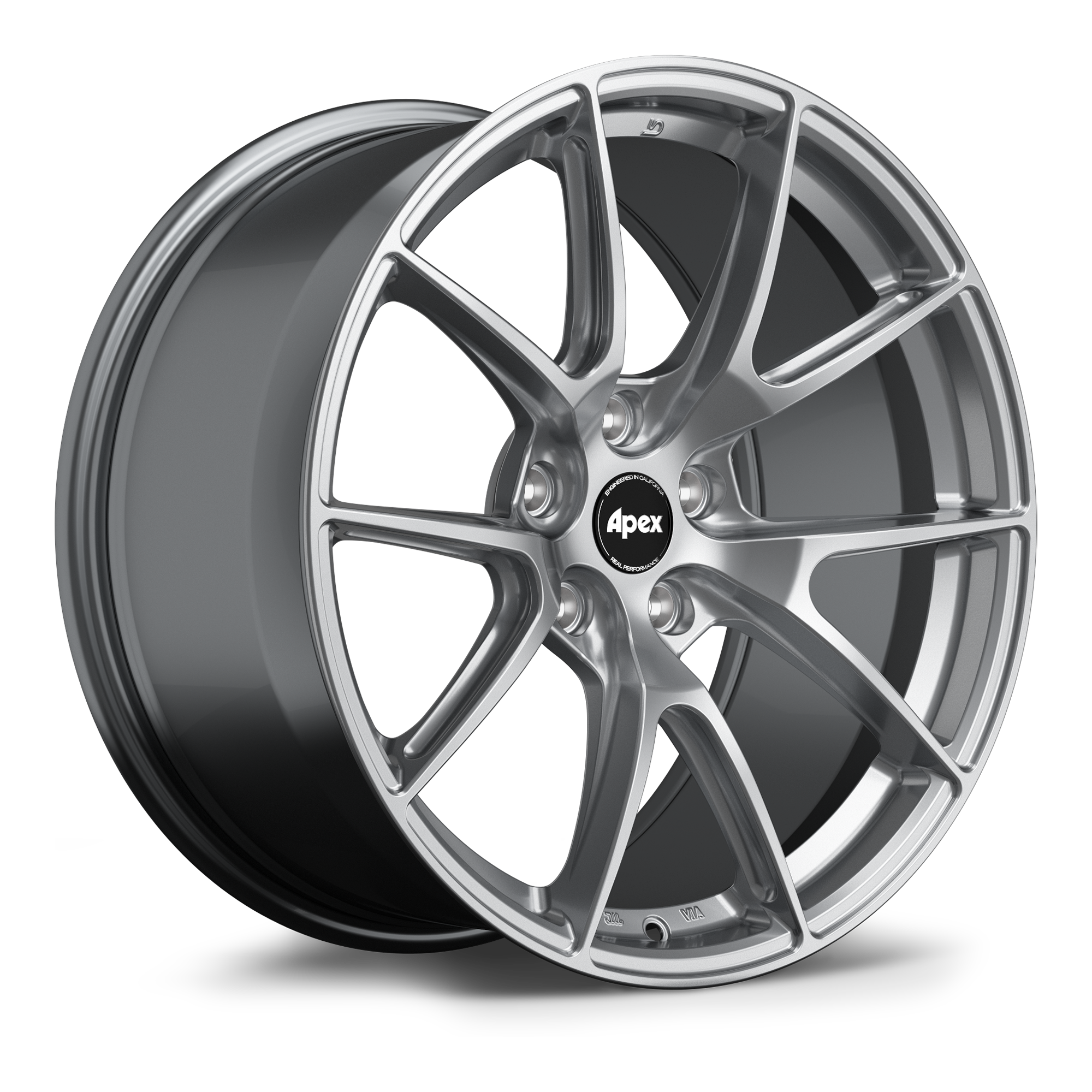 Silver alloy wheel with ten-spoke design, five-bolt pattern, and black center cap on white background - APEX Wheels wheel for 19x9.5 ET35 5x120 - Hyper Black