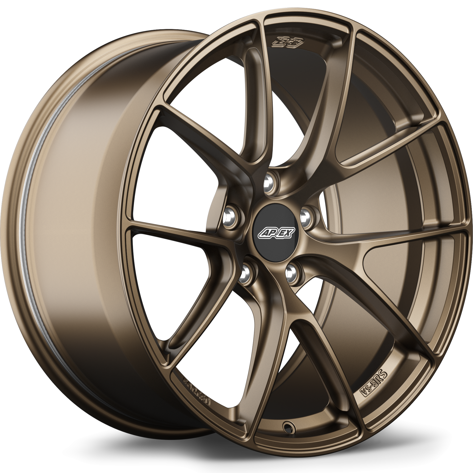 Bronze finished alloy wheel with five-spoke design and center cap on white background - APEX Wheels wheel for 19x9 ET25 5x112 - Satin Bronze