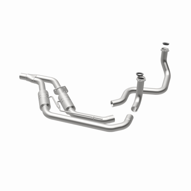 MagnaFlow 3322479 carb direct-fit catalytic converter, opposite rear three-quarter view of the turntable spin