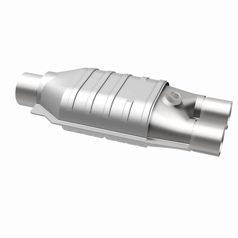 MagnaFlow 3391037 universal catalytic converter, opposite rear three-quarter view of the turntable spin