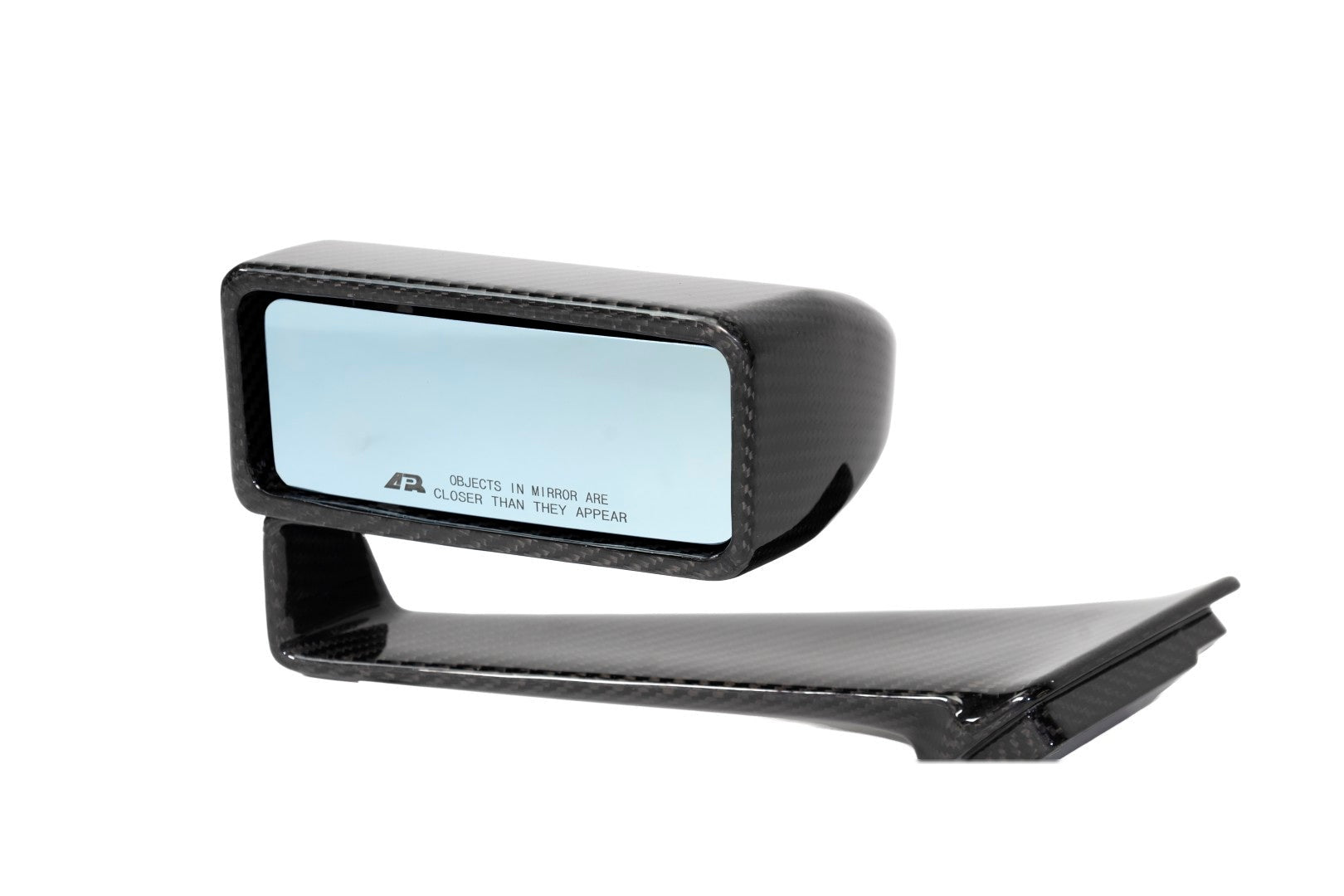 Carbon fiber side mirror with rectangular mirror glass and curved mounting arm on white background - APR Performance side mirror for Ford S650 Mustang Dark Horse