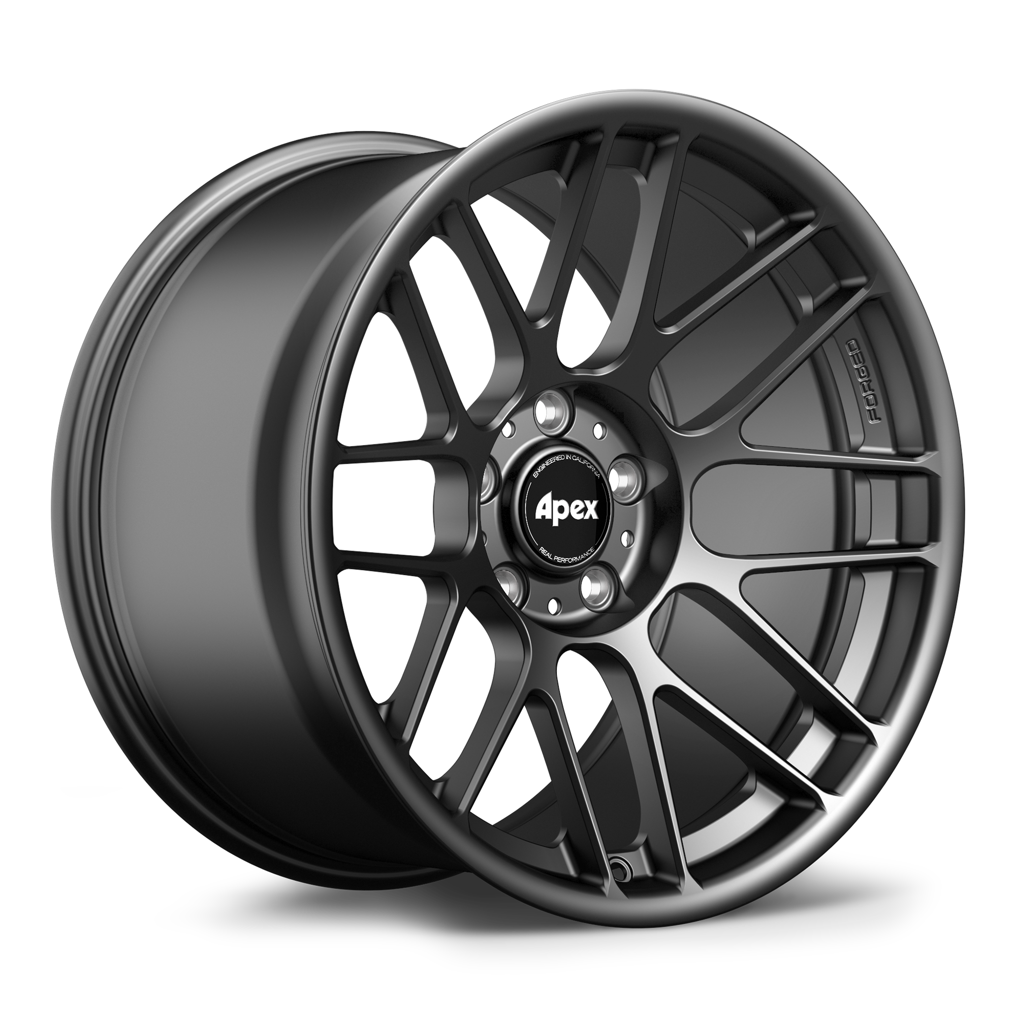 Two gunmetal gray alloy wheels with multi-spoke design and center caps displayed at three-quarter angle - APEX Wheels wheel for 17x9 ET42 5x120 - Satin Black