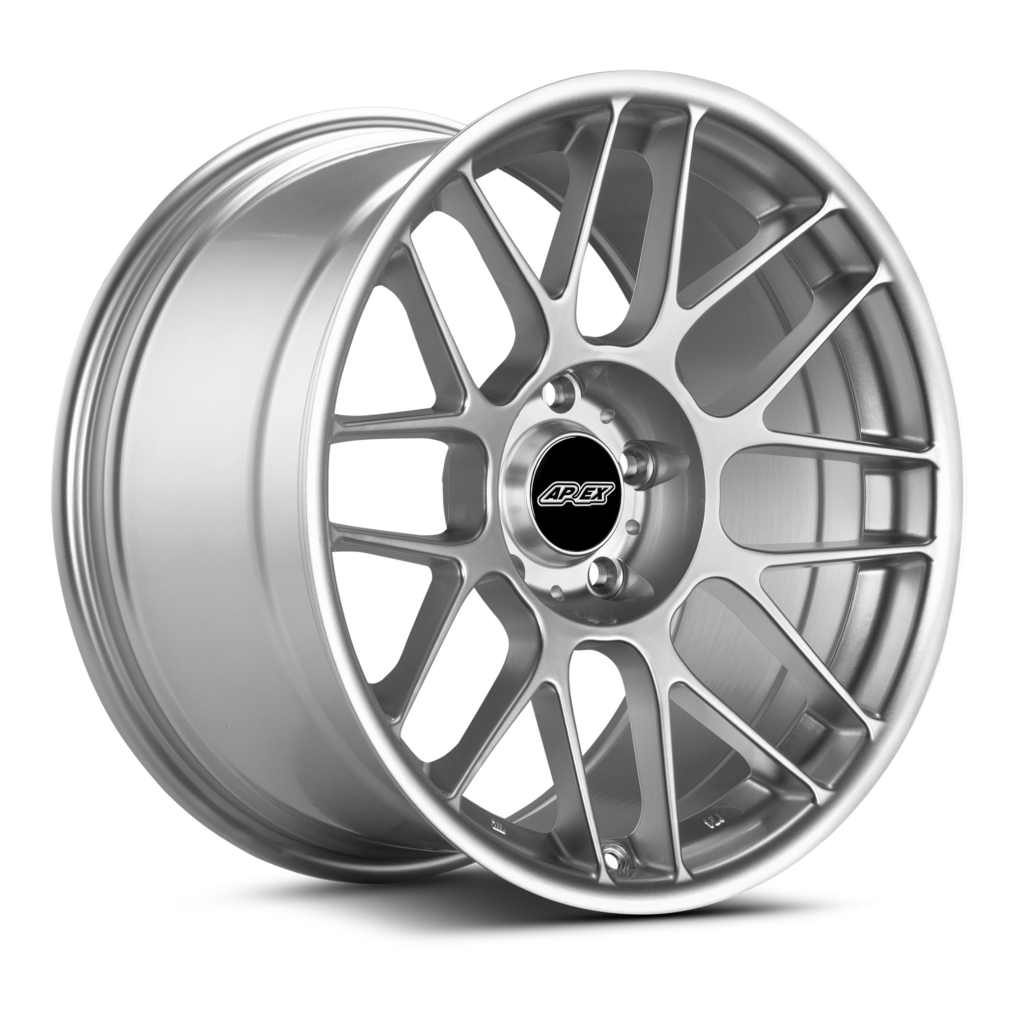 Silver forged aluminum wheel with multi-spoke design and black center cap on white background - APEX Wheels wheel for 18x10.5 ET22 5x120 - Race Silver