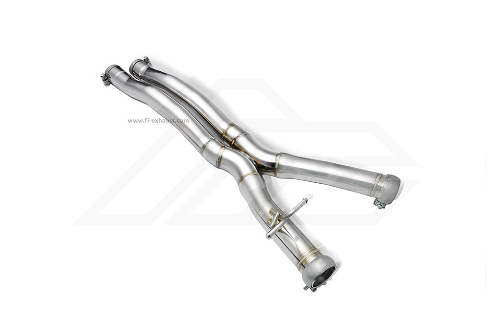 A front view of Fi EXHAUST Valvetronic Cat-Back System for Mercedes-Benz W213 AMG E53 2019-2023 downpipe with white background