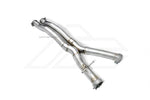 A front view of Fi EXHAUST Valvetronic Cat-Back System for Mercedes-Benz W213 AMG E53 2019-2023 downpipe with white background
