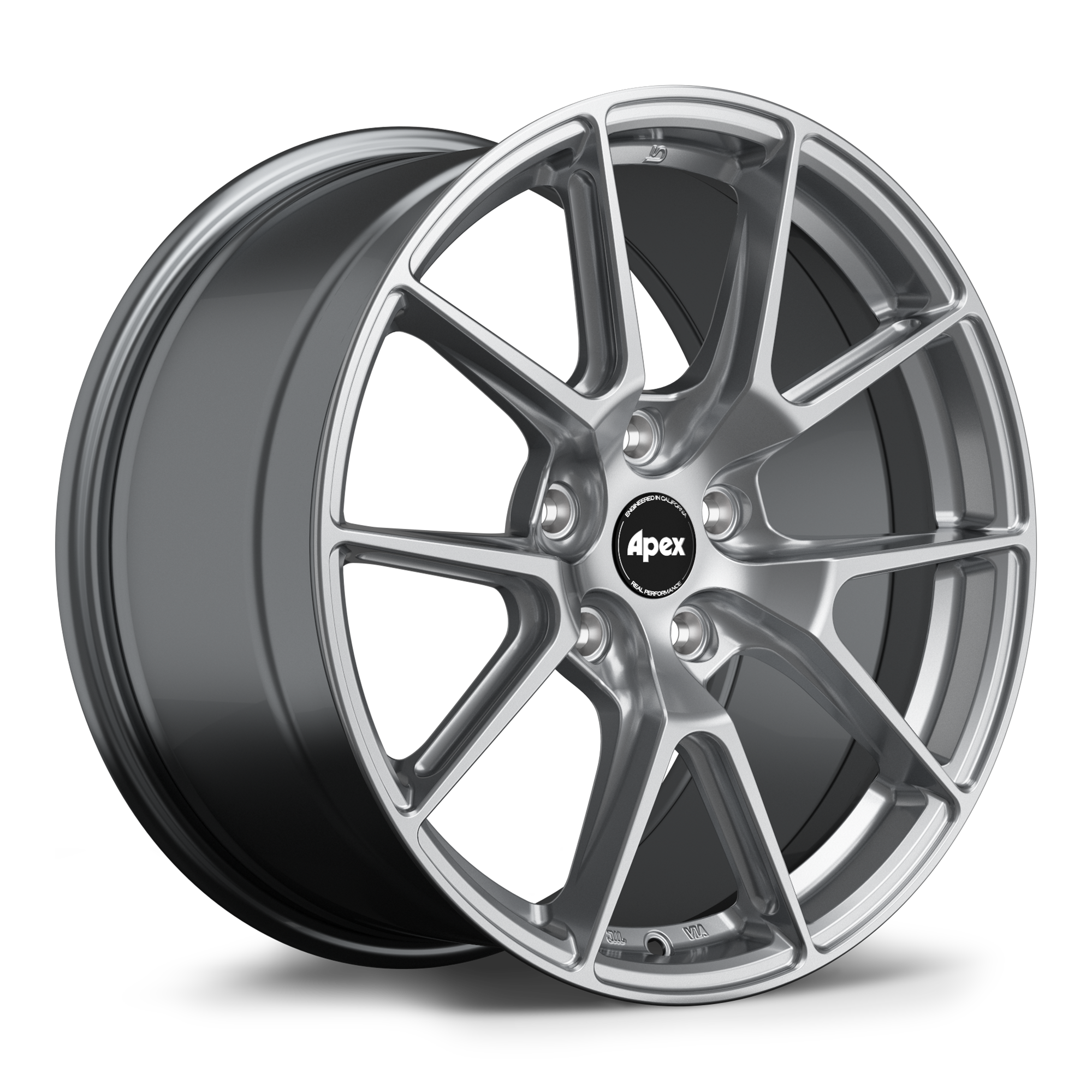 Silver alloy wheel with multi-spoke design, machined face finish, and black center cap with white lettering - APEX Wheels wheel for 18x8.5 ET40 5x120 - Hyper Black