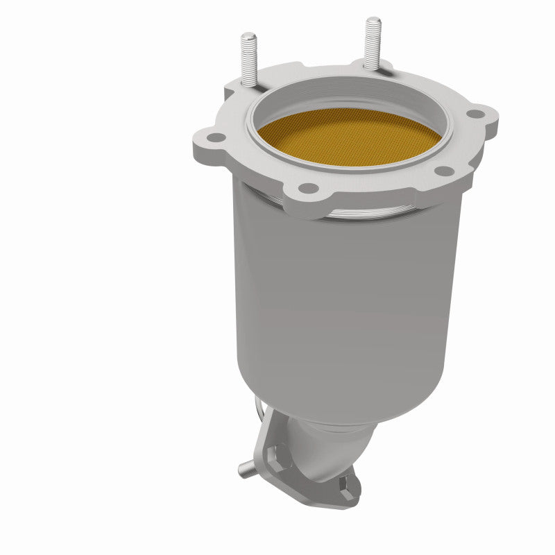 MagnaFlow 5411022 carb direct-fit catalytic converter, opposite rear three-quarter view of the turntable spin