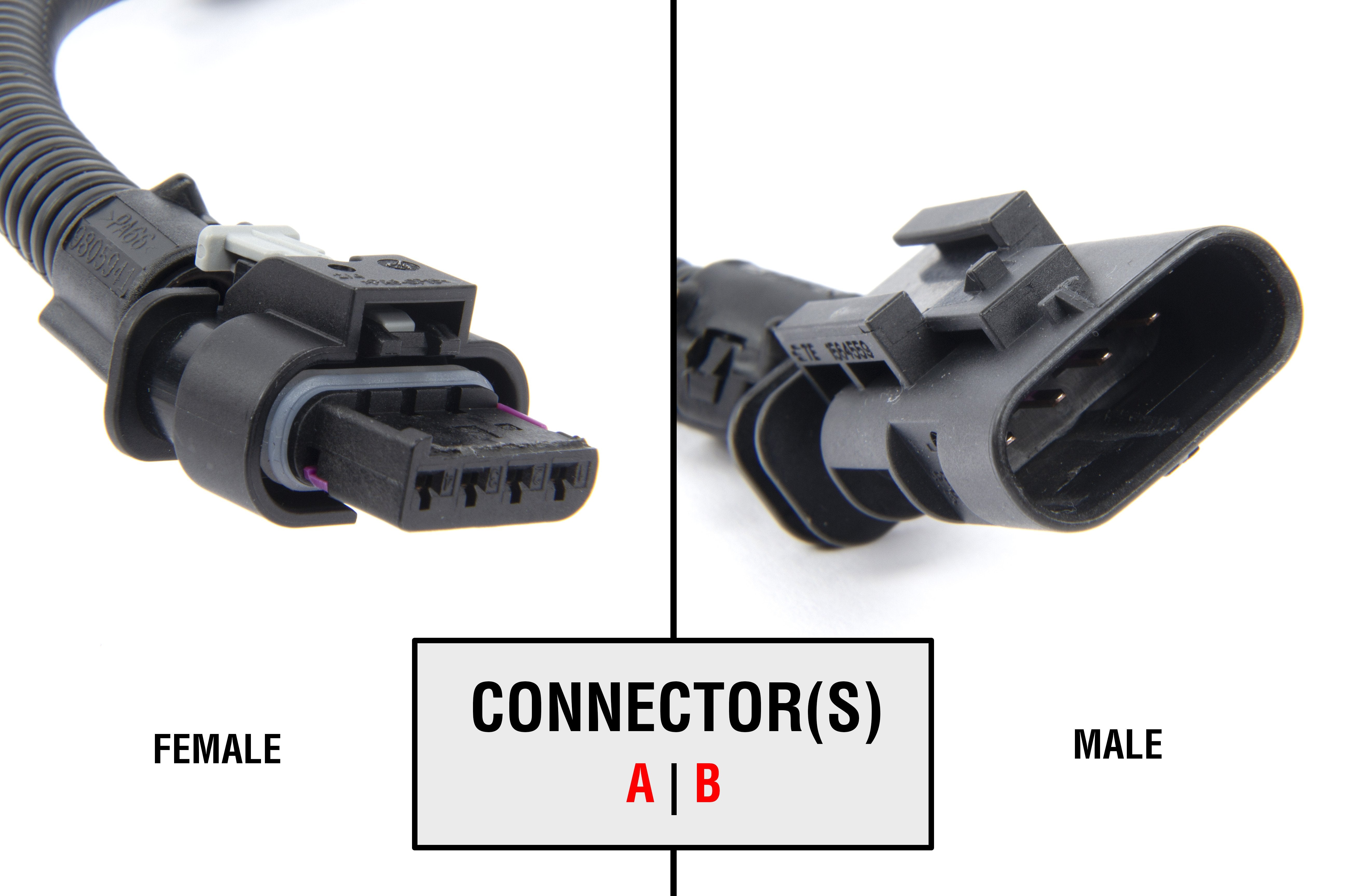 A side by side view of the DINANTRONICS X In-line Tuner for the S68 Engine for BMW F95 X5M / F96 X6M 2024-2025 A and B connectors with white background