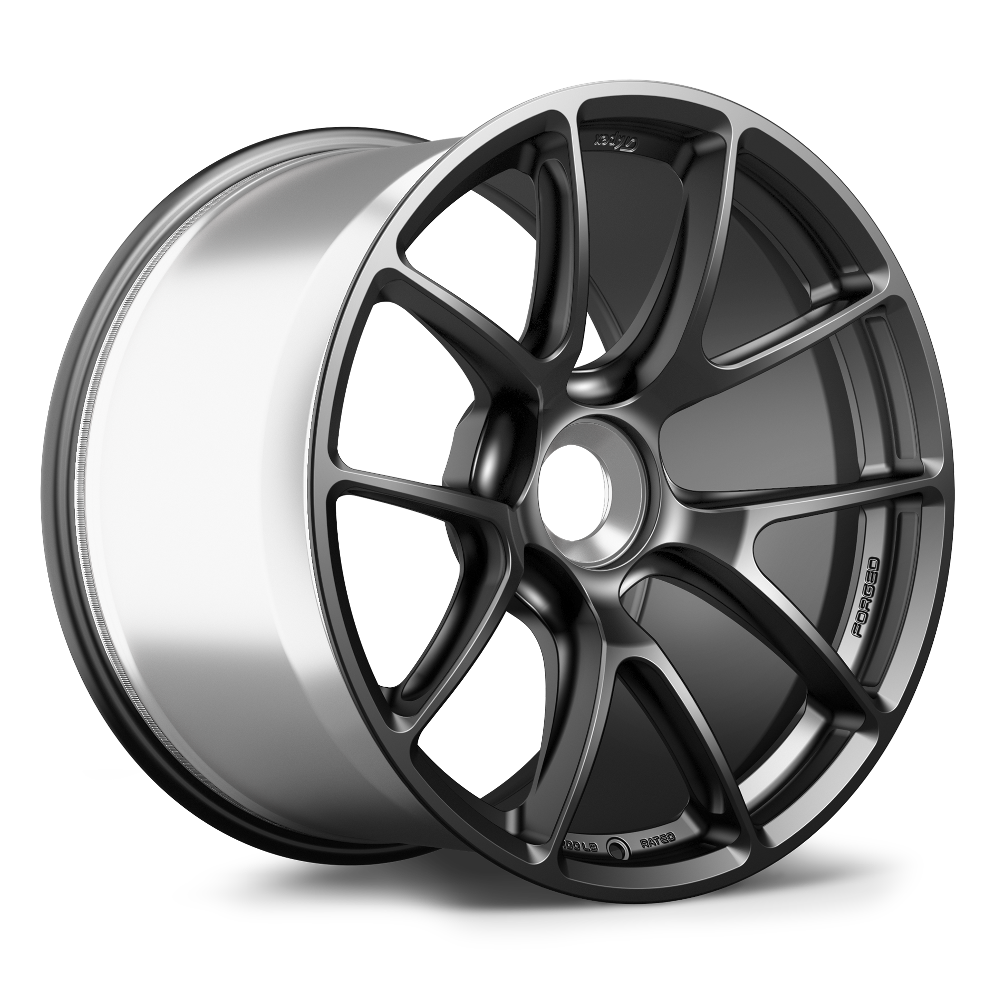 Single alloy wheel with dark gray face and polished silver barrel in three-quarter view - APEX Wheels wheel for 19x12 ET46 PSCL - Satin Black
