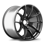 Forged aluminum wheel with dark gunmetal finish and five split-spoke design isolated on white background - APEX Wheels wheel for 18x11 ET25 5x120 - Satin Black