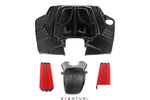 Carbon fiber intake housing with dual red conical air filters and central velocity stack component - Eventuri intake system for Porsche 9YB Cayenne Coupe 9YA Cayenne