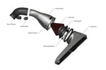 Technical exploded diagram showing intake system components with carbon housing, red filter, silicone hoses, and stainless steel bracket - Eventuri intake for Volkswagen MK8 Golf R