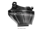Carbon fiber cold air intake housing with distinctive angular geometry and integrated mounting brackets on white background - Eventuri cold air intake for Mercedes-Benz G63 AMG