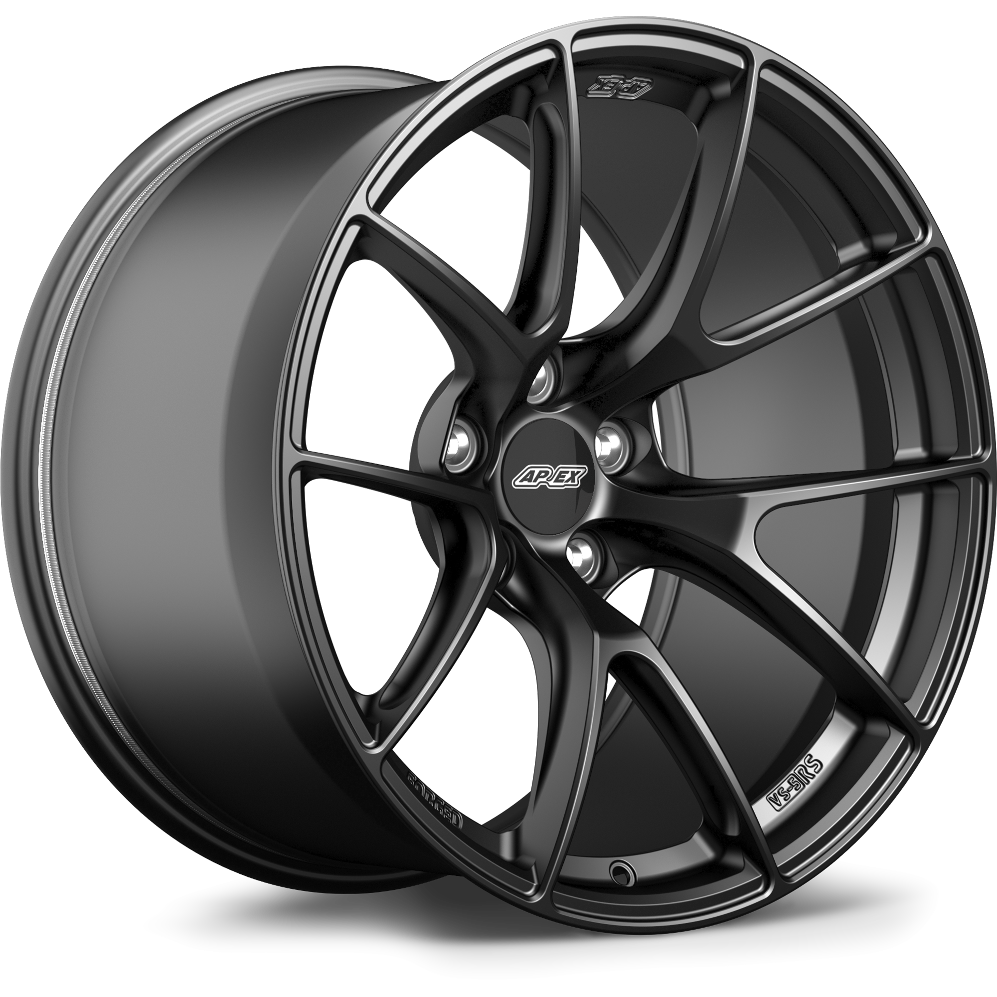 Dark gunmetal alloy wheel with split Y-spoke design, five-bolt pattern, shown at three-quarter angle on white background - APEX Wheels wheel for 19x10 ET12 5x112 - Satin Black