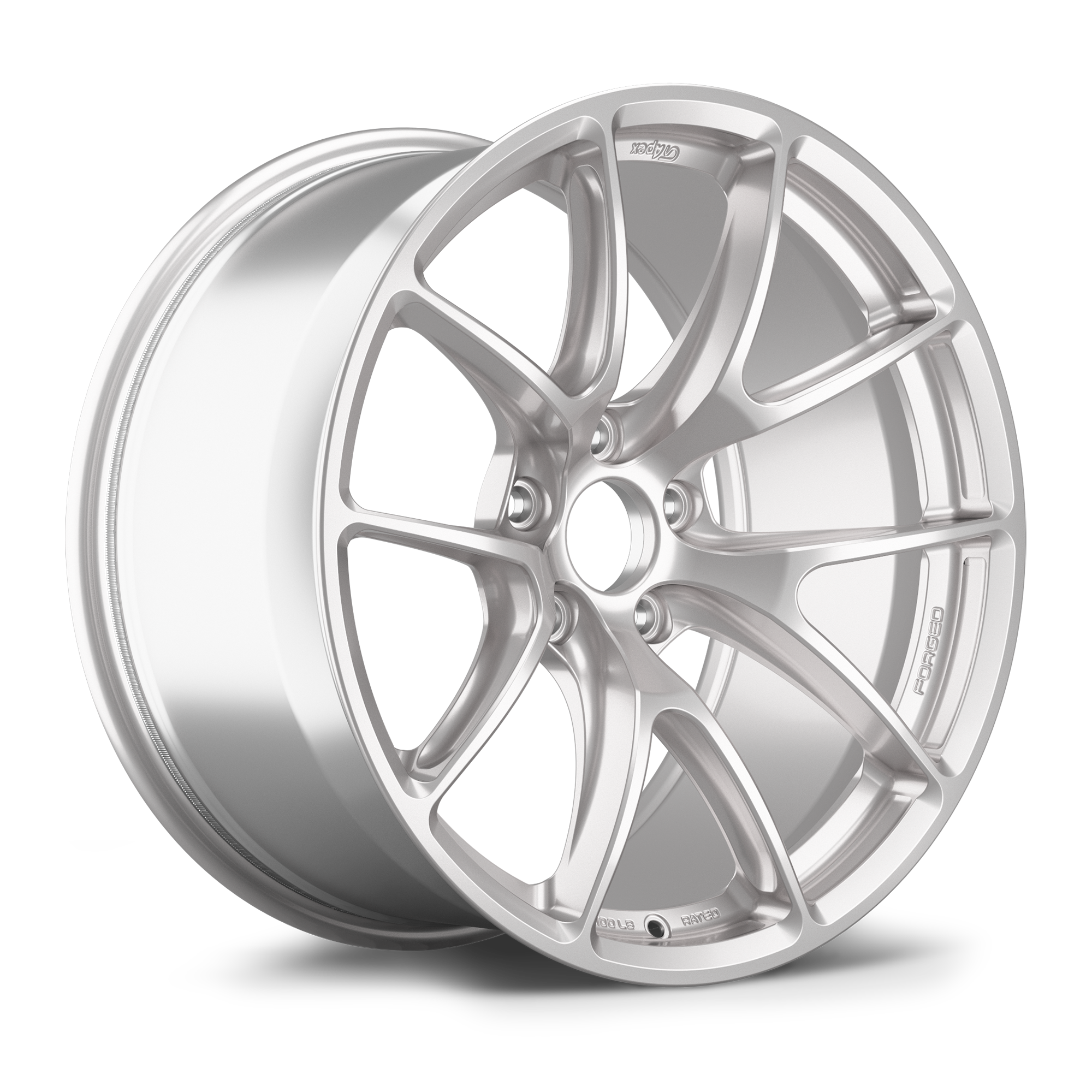 Silver alloy wheel with ten-spoke design and machined finish on white background - APEX Wheels wheel for 19x10 ET25 5x120 - Race Silver