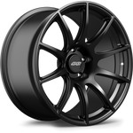 Black alloy wheel with ten-spoke design and center cap on white background - APEX Wheels wheel for 19x11 ET35 5x120 - Satin Black