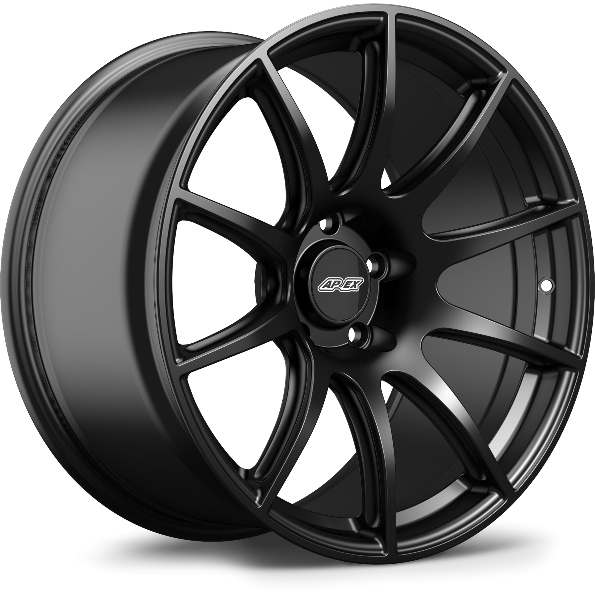 Black alloy wheel with split five-spoke design and center cap isolated on clean white background - APEX Wheels wheel for 19x10 ET20 5x120 - Satin Black