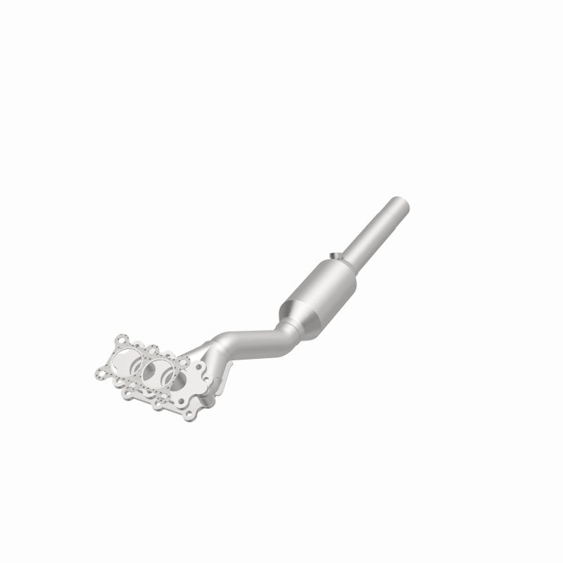 MagnaFlow 4481280 carb direct-fit catalytic converter, opposite front three-quarter view of the turntable spin