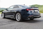 Dark blue Audi RS5 F5 coupe rear three-quarter with Capristo carbon diffuser