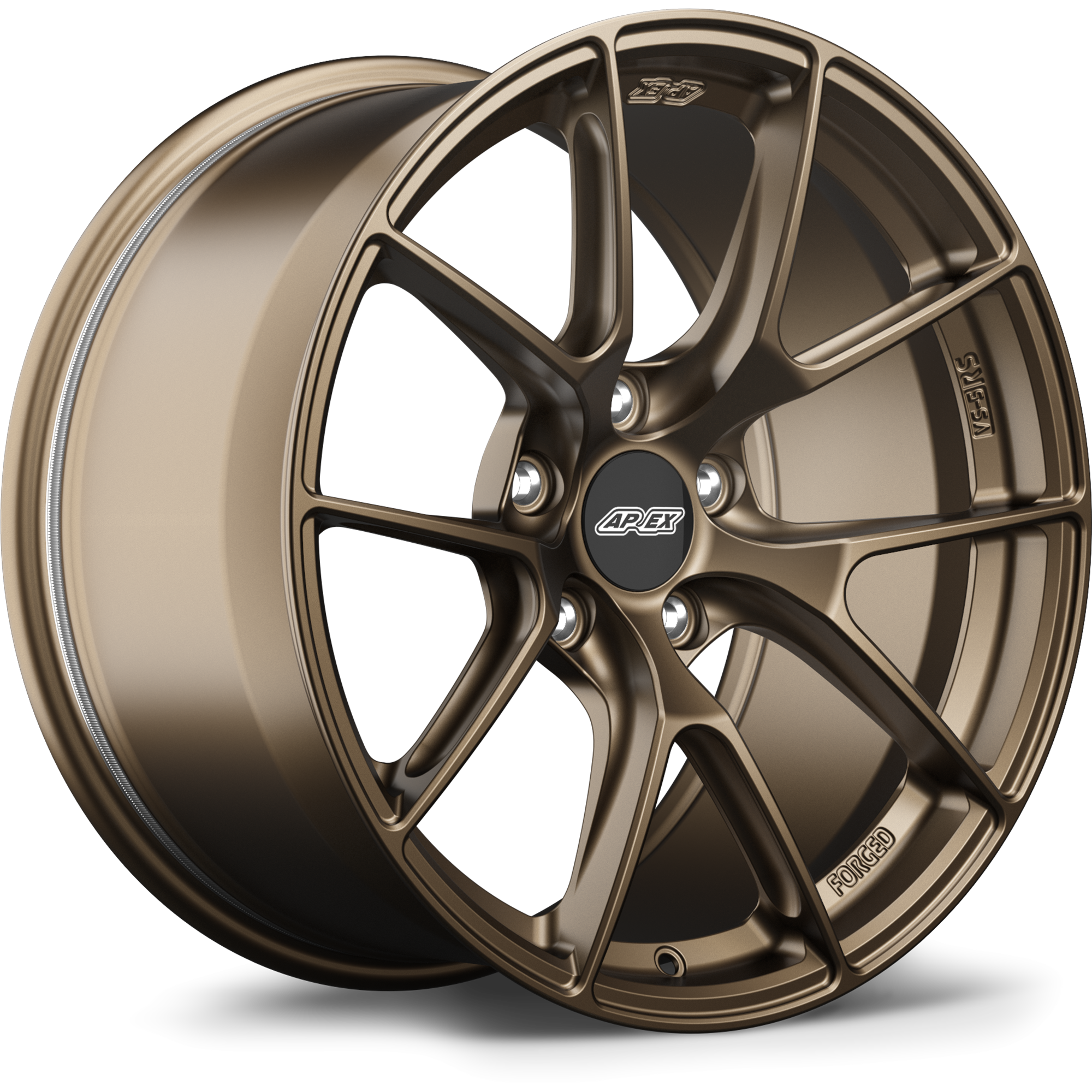 Bronze forged wheel with split five-spoke design, center cap, and five bolt holes, isolated on white background - APEX Wheels wheel for 18x10 ET36 5x130 - Satin Bronze