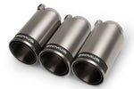 Remus FK8 Civic Type R 98mm Carbon Tail Pipe Set, set of three tail pipes with dark rings, angled view