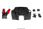 Complete carbon fiber intake system with red cone filters, engine cover, and black ducting components on white background - Eventuri intake system for Audi 4MN RSQ8 4M SQ7 SQ8 636 Urus 9YA Cayenne Turbo 4V Bentayga