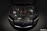Carbon fiber intake system with red filters installed in engine bay showing V8 motor and intake tubes - Eventuri intake system for Audi 4MN RSQ8 4M SQ7 SQ8 636 Urus 9YA Cayenne Turbo 4V Bentayga