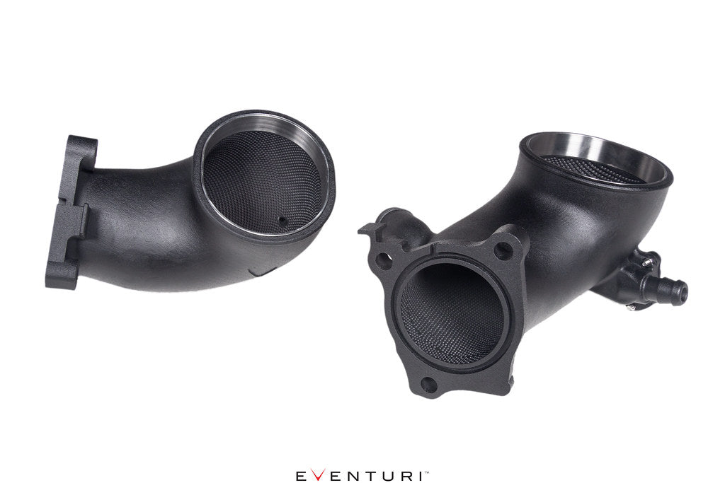 Two black curved intake tubes with mesh screens and mounting flanges on white background - Eventuri intake system for Audi 4MN RSQ8 4M SQ7 SQ8 636 Urus 9YA Cayenne Turbo 4V Bentayga