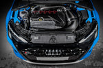 Carbon fiber intake system installed in blue Audi RS3 engine bay with hood open - Eventuri intake for Audi RS3