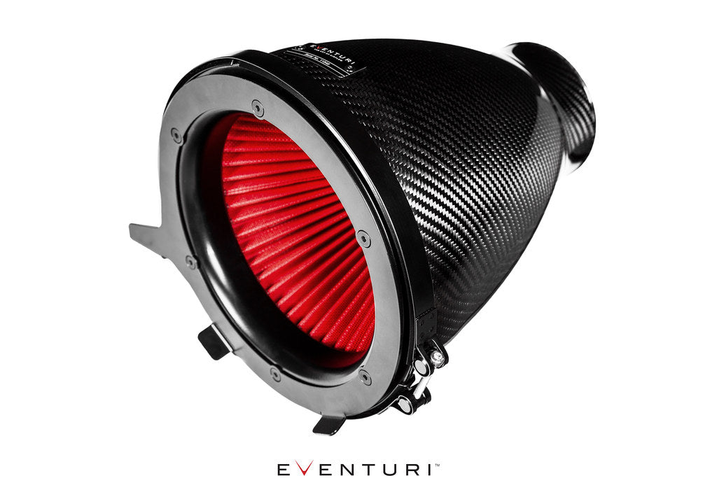 Carbon fiber intake tube with red pleated filter element and aluminum mounting flange on white background - Eventuri intake for Audi RS3