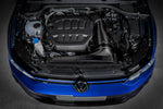 Black carbon fiber intake system installed in blue Golf R engine bay with open hood showing complete installation - Eventuri intake for Volkswagen MK8 Golf R