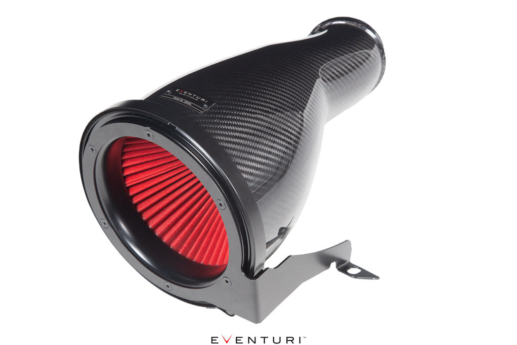 Carbon fiber intake tube with red pleated filter element and gray mounting bracket on white background - Eventuri intake for Volkswagen MK8 Golf R