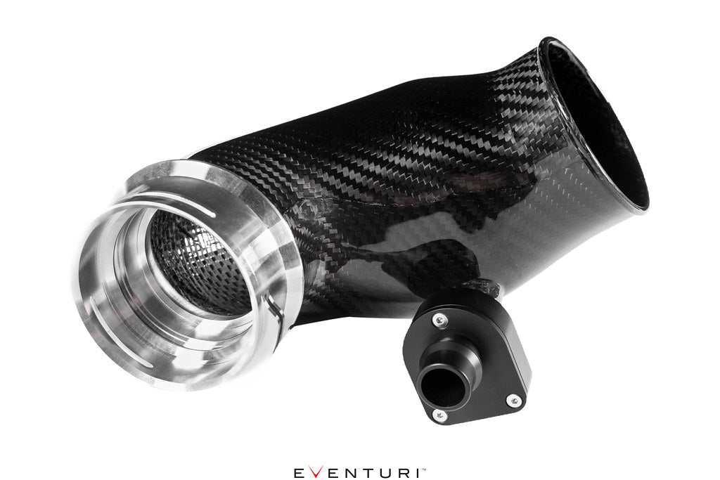 Black carbon fiber turbo inlet tube with polished aluminum flange and side branch connector on white background - Eventuri turbo inlet for BMW F90 M5 F91 F92 F93 M8