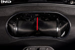 Two cylindrical carbon fiber intake tubes with red center divider installed in Corvette engine bay opening - Eventuri cold air intake for Chevrolet Corvette Stingray