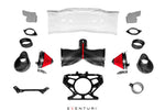 Complete cold air intake kit components laid out including carbon fiber tubes, red conical filters, mounting brackets, clamps, and hardware - Eventuri cold air intake for Chevrolet Corvette Stingray