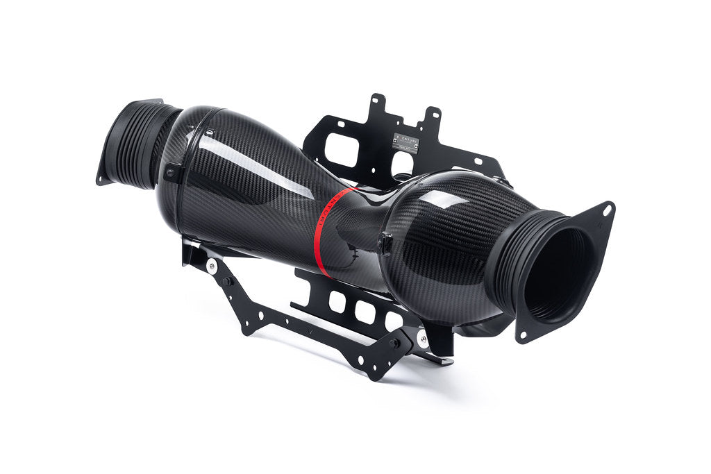 Black carbon fiber air intake assembly with red accent ring and black metal mounting bracket on white background - Eventuri air intake for Chevrolet Corvette