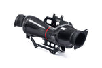 Black carbon fiber air intake assembly with red accent ring and black metal mounting bracket on white background - Eventuri air intake for Chevrolet Corvette
