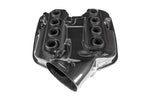 Black carbon fiber inlet plenum with multiple circular ports and threaded openings on white background - Eventuri inlet plenum for BMW M3