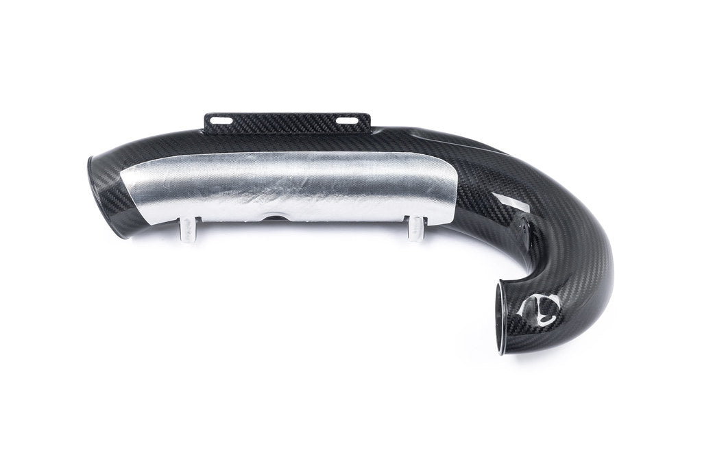 Curved charge pipe with carbon fiber finish and polished aluminum intercooler core section on white background - Eventuri charge pipe for Honda Civic Type R